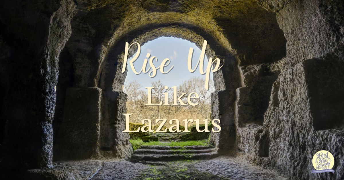 Sunrise over an empty tomb, symbolizing resurrection, new life, and the call to rise up like Lazarus.